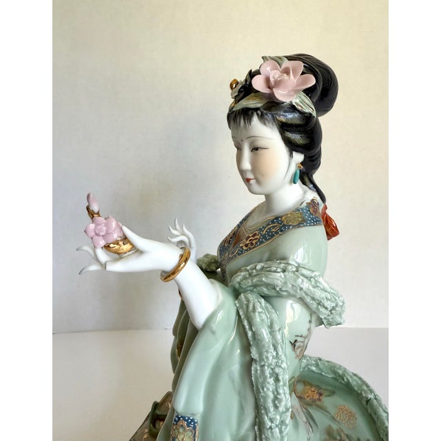Celadon Vintage Chinese Porcelain Seated Court Lady With Gilt Accents For Sale - Image 8 of 12
