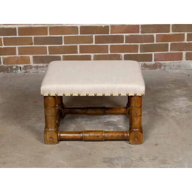 English Oak 1900s Stool with Incised Accents and Custom Upholstery For Sale In Atlanta - Image 6 of 11