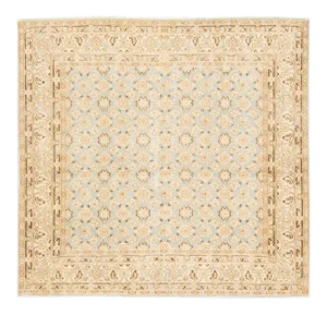 Antique Persian Tabriz Handmade Floral Beige and Blue Square Wool Rug