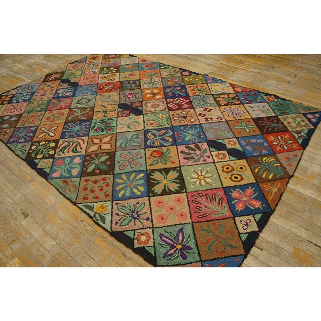 American 1930s Multi Geometric Folk Art Antique American Hooked Rug 6' X 8'9" Woven Wool Carpet For Sale - Image 3 of 12