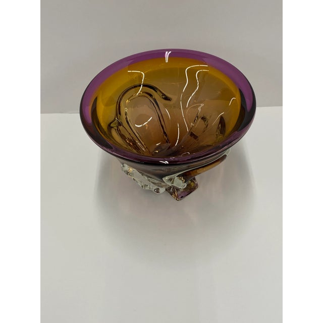 Vintage Mid 20th Century Signed Amber and Lavender color Hand Blown Glass Decor Bowl This piece is signed by the artist....