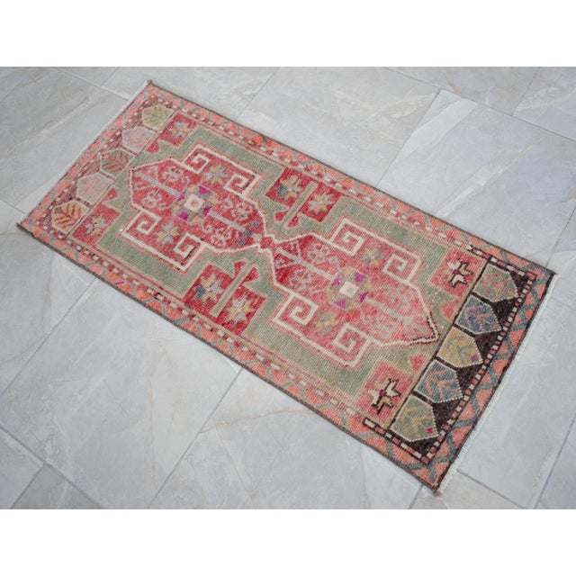 Hand-Knotted Turkish Petite Rug Low Pile Faded Colors DoorMat Yastik Rug - 20'' X 44'' For Sale - Image 10 of 13