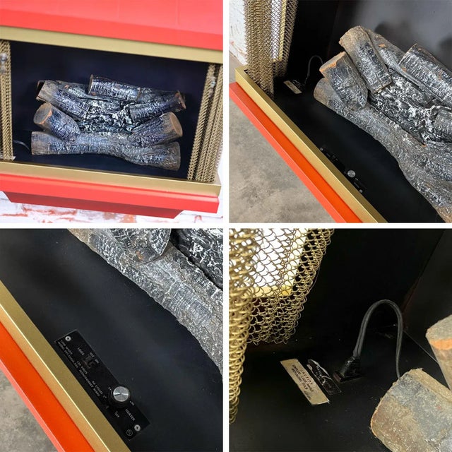 1960’s Mid-Century Modern Electric Wall Fireplace Orange With Gold Tone Trim Attributed to Montgomery Ward Style House For Sale - Image 11 of 12