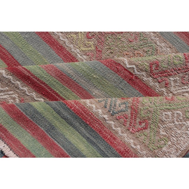 Colorful Vintage Embroidered Kilim With Stripes and Alternating Geometric Motifs For Sale - Image 11 of 12