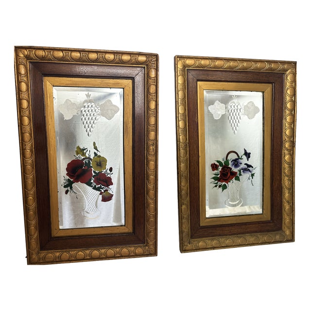 Antique Edwardian Venetian Carved Reverse Painted Floral Mirrors, 1980s, Set of 2 For Sale