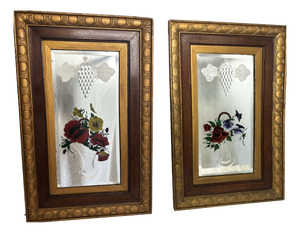 Antique Edwardian Venetian Carved Reverse Painted Floral Mirrors, 1980s, Set of 2