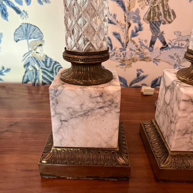Vintage Neoclassical, Cut Crystal and Marble Column Lamps a Pair For Sale - Image 4 of 11