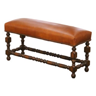 Early 20th Century French Louis XIII Style Walnut Bench With Leather Seat For Sale