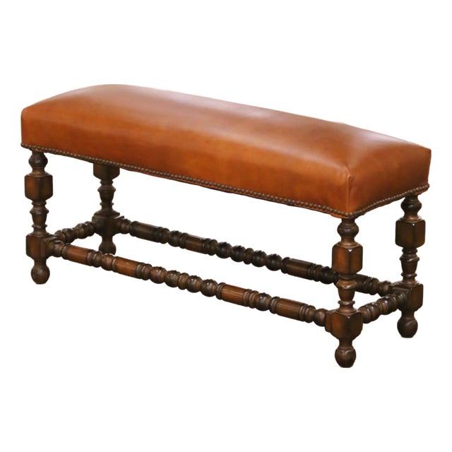 Early 20th Century French Louis XIII Style Walnut Bench With Leather Seat For Sale