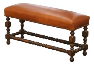 Early 20th Century French Louis XIII Style Walnut Bench With Leather Seat