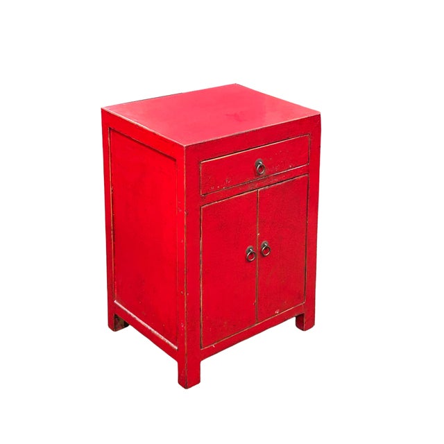 1990s Distressed Rustic Rough Bright Red Drawer Small End Table Nightstand For Sale - Image 5 of 7