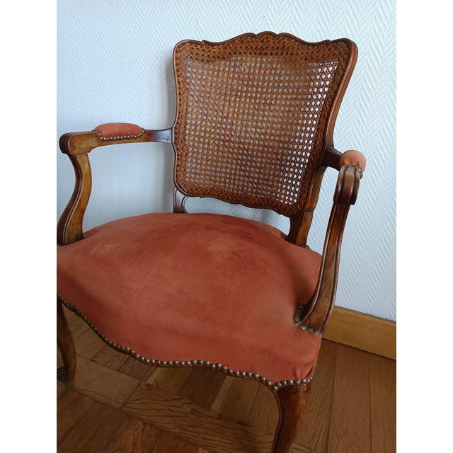 19th Century Louis XV Armchair in Terracotta and Caning, 1890s For Sale - Image 5 of 8