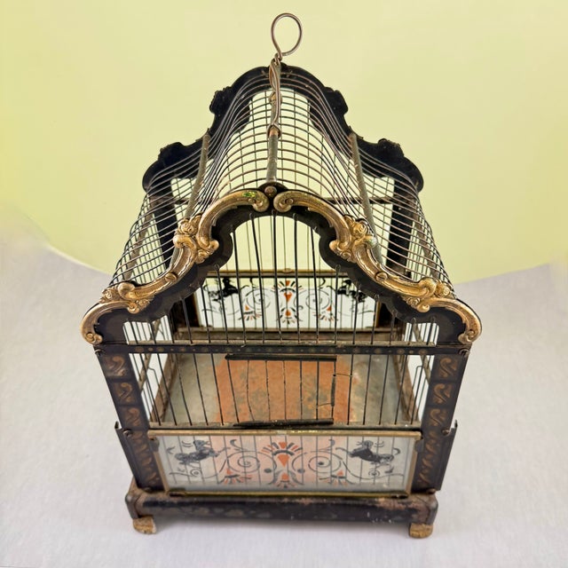Art Nouveau Art Nouveau Black Japanned Metal Bird Cage, Hand-Painted, Circa 1900-1920 For Sale - Image 3 of 16