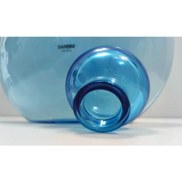 Postmodern Round Cyan Murano Glass Bottle by Alfredo Barbini, Italy, 1980s For Sale - Image 9 of 13