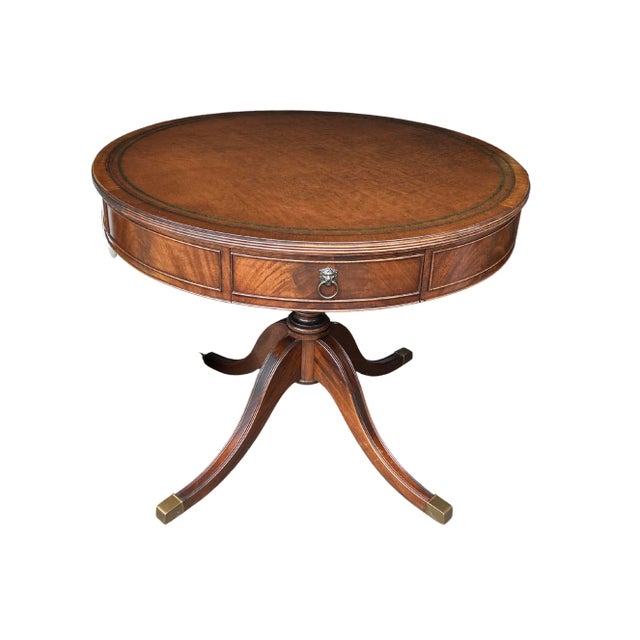 Regency Style Mahogany Drum Table with Tooled Leather Top & Lion Head Brass Pulls – Pedestal Base Library Table Elevate...