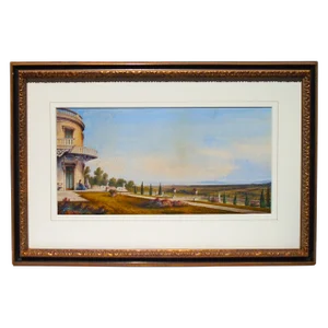 "View From a Garden Terrace, Italy 1867", Original Watercolor Painting on Paper, Framed