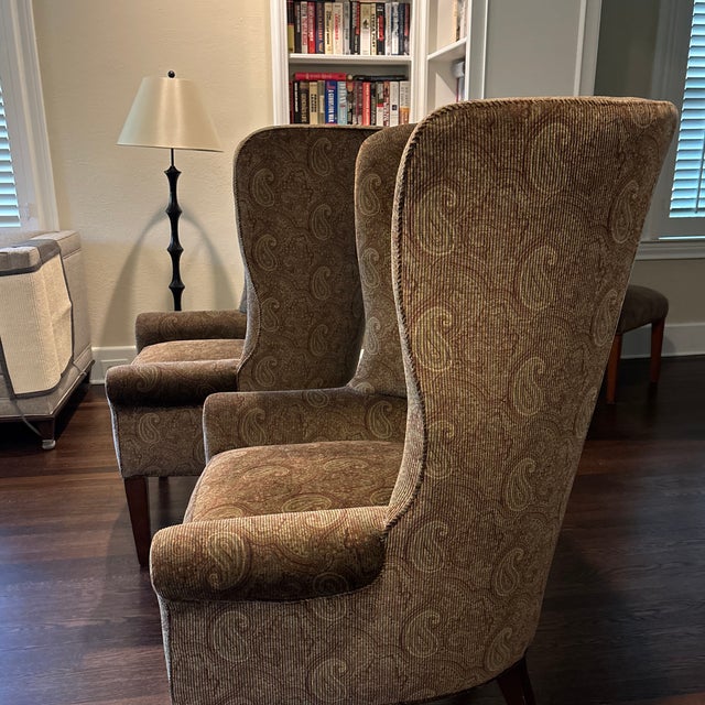 Pair of Custom Made Wingback Chairs in Paisley Corduroy, Perfect Condition For Sale - Image 10 of 12