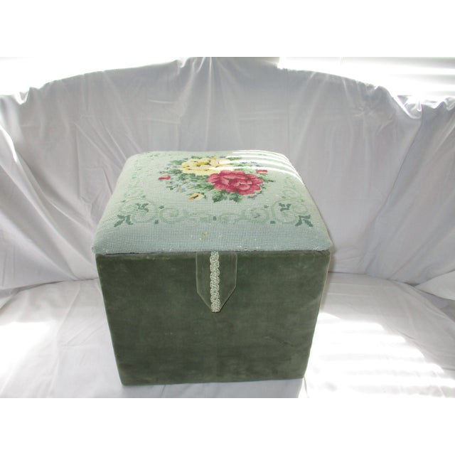1960s Vintage Needlepoint Green Velvet Storage Footstool For Sale - Image 12 of 12