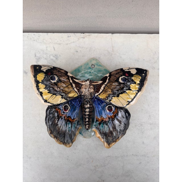 Rare Majolica butterfly wall pocket signed Clement Massier, Golfe Juan Circa 1900. H / 7 inches. W / 9 inches.