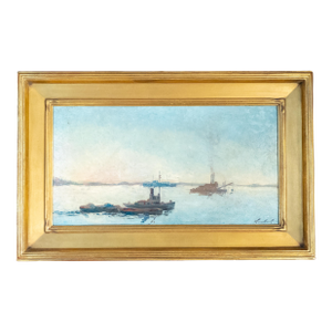 Early 20th Century American Impressionist Harbor Scene Painting With Boats, Signed
