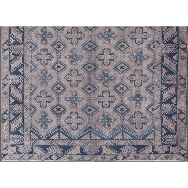 Tribal Mid 20th Century Vintage Turkish Oushak Rug in Blue With All-Over Geometric Design in Gray & Blue For Sale - Image 3 of 11