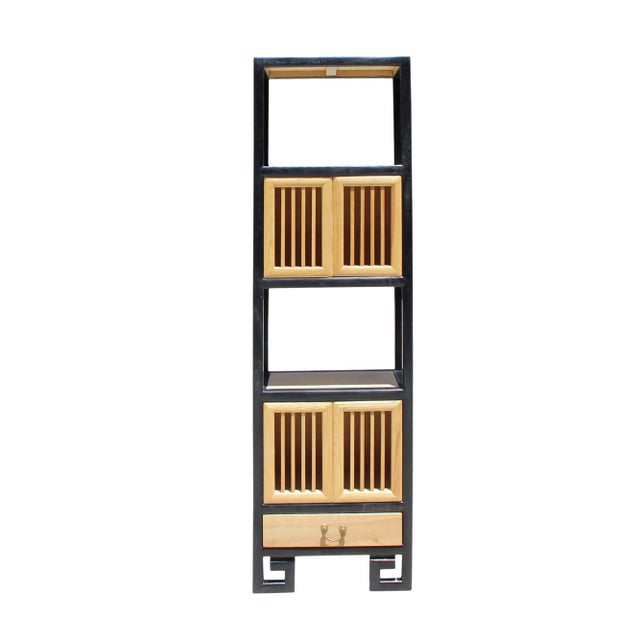 Oriental Black Rim Natural Wood Narrow Storage Display Bookcase Cabinet For Sale