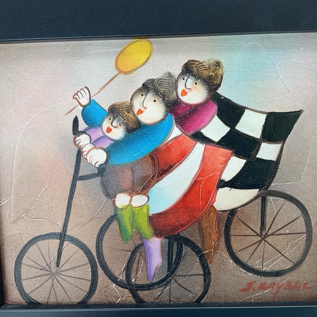 1970s Signed Joyce Roybal Original Oil Painting Cyclists 9” X 7.5” Vintage Folk Art For Sale - Image 5 of 6