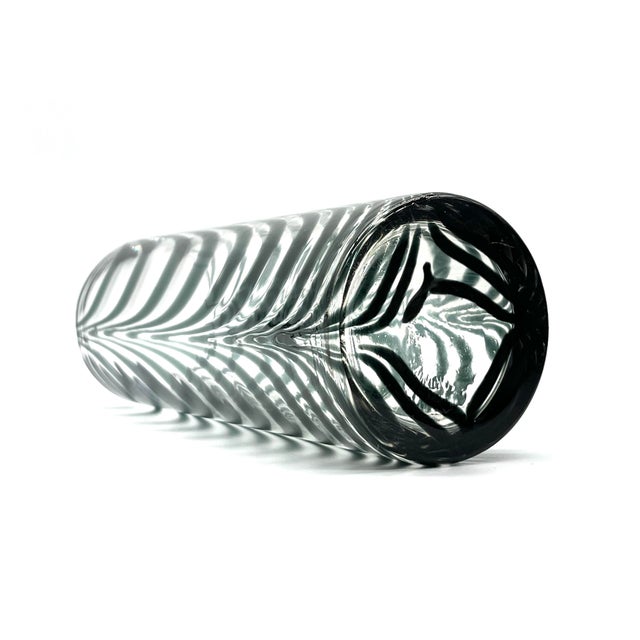 Hand-Blown Studio Glass Cylindrical Vase with Dark Green Spring Comb Design, 1970s For Sale - Image 11 of 15