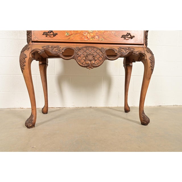 Berkey & Gay Style Antique Georgian Carved Satinwood Hand Painted Bookcase or Bar Cabinet, Circa 1920s For Sale - Image 9 of 13