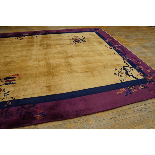 Art Deco Beautiful Gold Background With Mesmerizing Blue-Purple Border Floral Antique Chinese Art Deco Rug For Sale - Image 3 of 5
