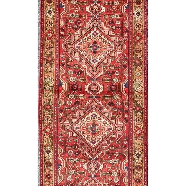Textile Antique Persian Malayer Runner With Medallion Design in Red & Khaki For Sale - Image 7 of 8
