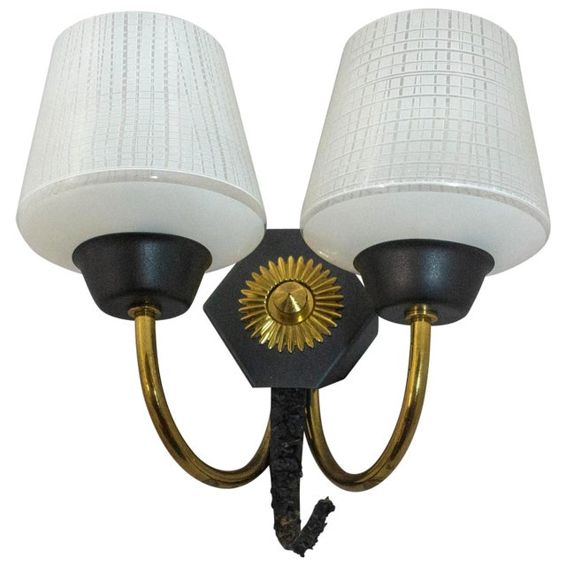 Wood Mid-Century French Wall Sconce with 2-Light Original Glass and Brass, 1940s For Sale - Image 7 of 7