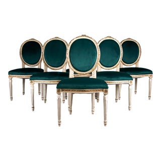 Antique French Louis XVI Style Painted Dining Chairs W/ Dark Green Velvet - Set of 6 For Sale