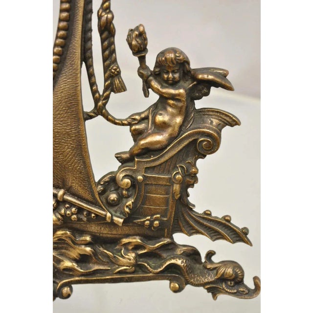 Metal Antique French Renaissance Style Brass Oval Picture Frame With Ship and Cherub For Sale - Image 7 of 12