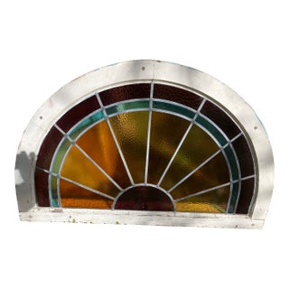 Set of 4 Antique Leaded Stained Glass Fanlight Windows – Amber & Aqua – Circa 1900 Architectural Salvage For Sale