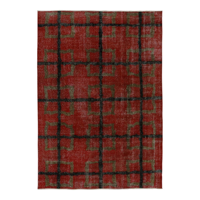 Vintage Zeki Müren Rug in Red With Brown Geometric Pattern, From Rug & Kilim For Sale