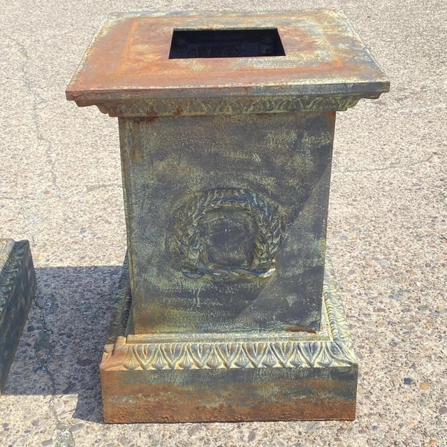 Vintage Neoclassical Cast Iron Wreath Garden Urn Planter Pedestal Base - Pair For Sale - Image 4 of 12