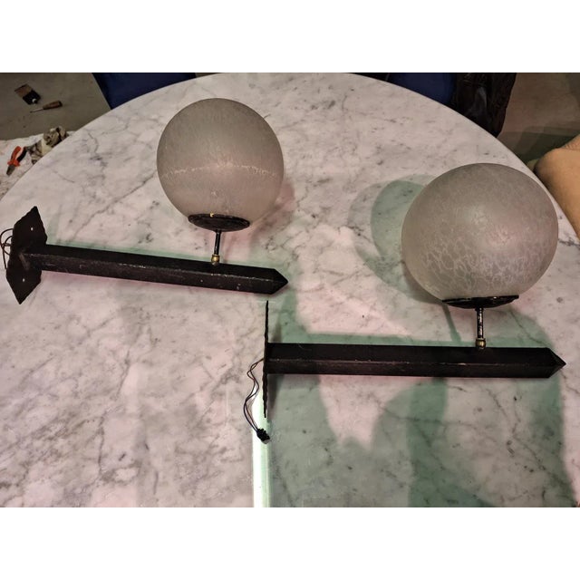 Mid-Century Modern Wall Lights in Black Lacquered Iron and Brass with Etched Sphere, 1960s, Set of 2 For Sale - Image 3 of 8