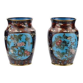 Pair of Late 19th Century Japanese Cloisonne Enamel Amphora Shaped Vases For Sale