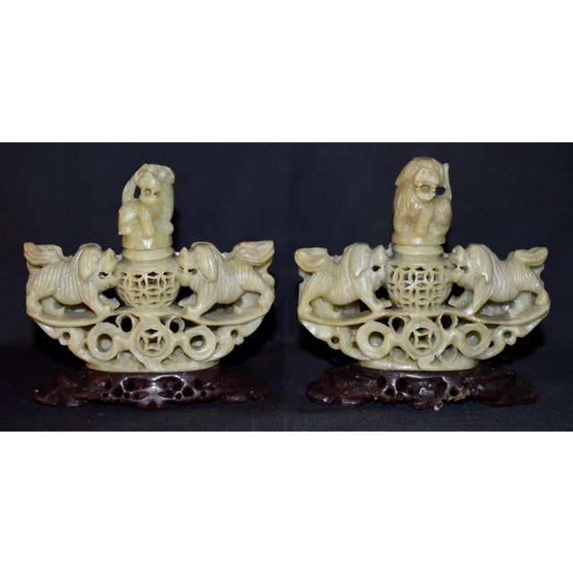 Chinese Hand Carved Soapstone Incense Burner Censer Koro Foo Dogs Lions Pair For Sale - Image 4 of 12