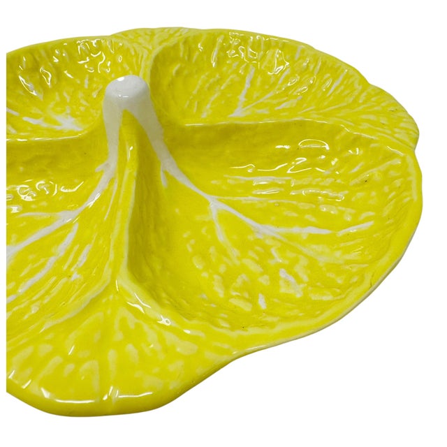 Vintage Attributed to Secla Yellow Cabbage Leaf Majolica Divided Serving Dish For Sale In Tampa - Image 6 of 11