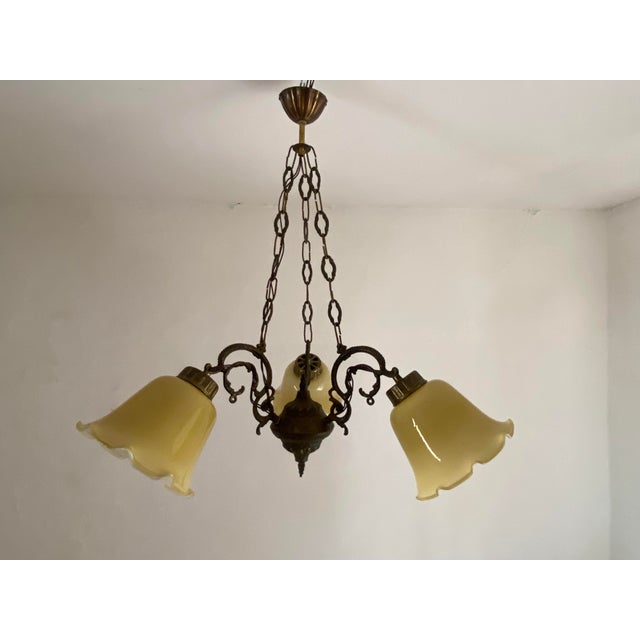 Vintage Art Nouveau Revival Three-Light Chandelier with Opaline Glass Shades, Yugoslavia, 1960s For Sale - Image 12 of 12