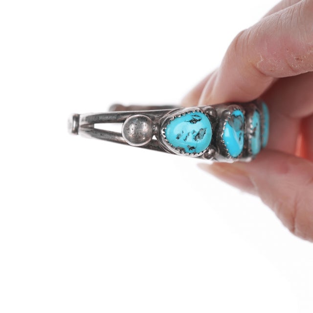 5.25" Vintage Navajo silver and turquoise row cuff For Sale - Image 4 of 10