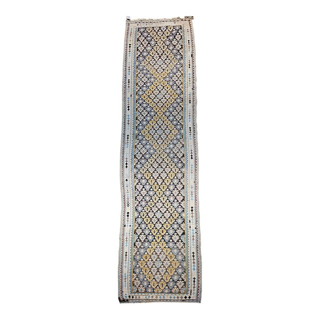 Vintage Persian Qazvin Tribal Kilim Runner, Handwoven Allover Paisley Pattern, Brown & Ivory, 4’ x 18’ For Sale