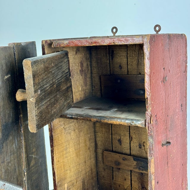 Early 19th C. Americana Primitive Small Handmade Wall Cupboard With Leather Straps Hinges & Latch For Sale - Image 13 of 14