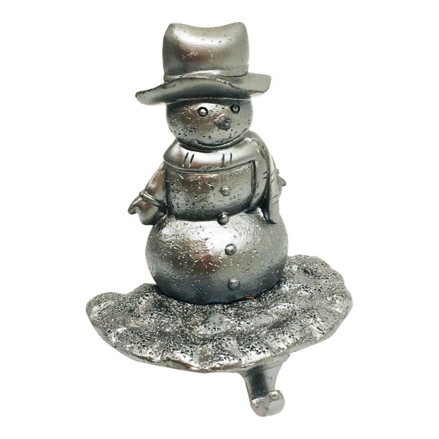 Vintage Snowman With Hat Hand Cast Christmas Stocking Holder For Sale