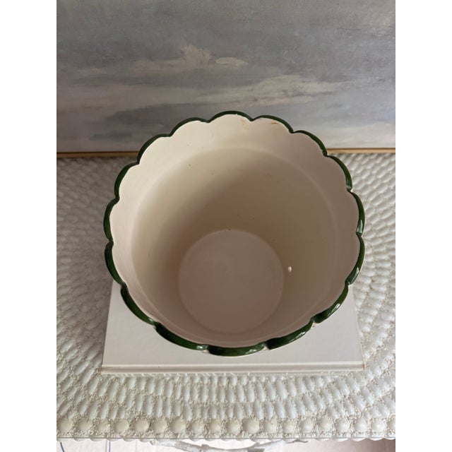Vintage Portugal RCCL Hand Painted White and Green Floral Scalloped Ceramic Planter For Sale - Image 4 of 6