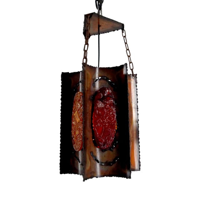Suspension Light in Patinated Copper and Multicolored Fractal Resin Medallions from Accolay, 1970 For Sale