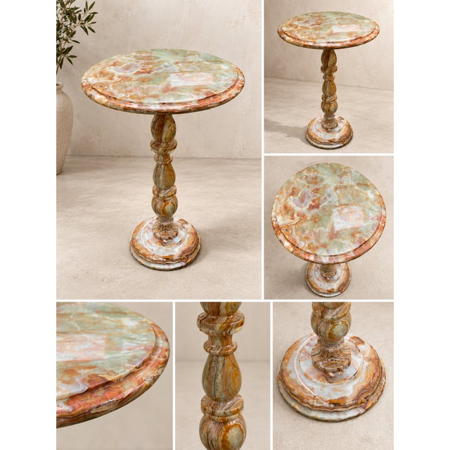 Handcrafted Natural Green & Peach Onyx Pedestal Side Table by Zarva Stone For Sale - Image 9 of 10