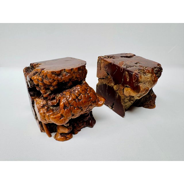 A dramatic pair of vintage burlwood bookends formed from dense, naturally contorted sections of root wood. Polished...